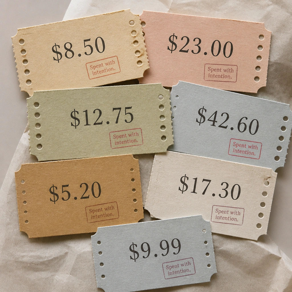 A collage of ticket stub shapes with punched holes along the sides, each labeled with an amount, and a small stamp “Spent with intention.”