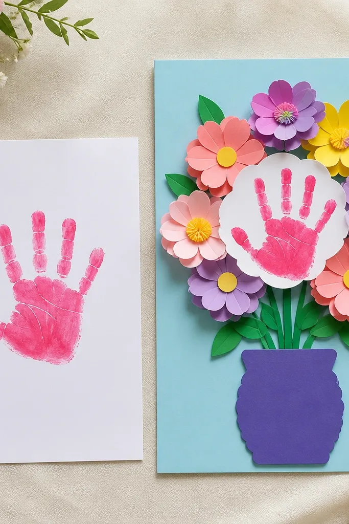 Two bouquets side-by-side: left shows a flat handprint on a sheet; right shows layered paper flowers with the child’s handprint at the center, mounted on a foam sheet with a scalloped vase.