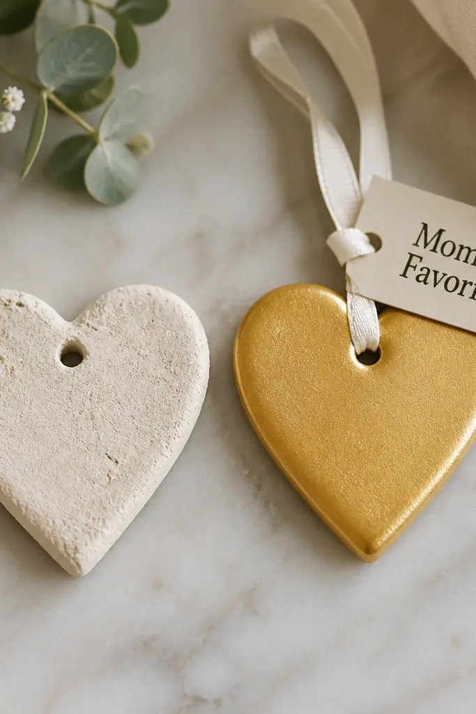 Two clay-like heart pendants: left is an unsealed salt dough heart with rough edges; right is the same heart sanded smooth, painted in soft gold, sealed with gloss, and attached to a small ribbon tag reading “Mom’s Favorite.”