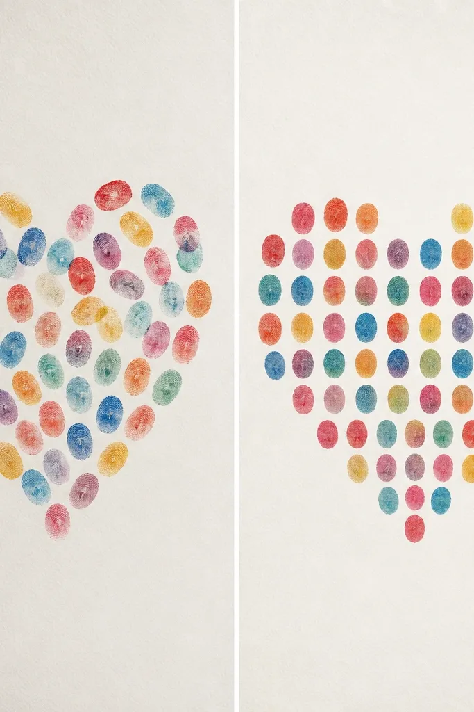 Left panel shows scattered fingerprints forming a heart; right panel shows fingerprints arranged in a neat grid pattern inside a heart outline, with a ruler-straight border and neatly colored dots.