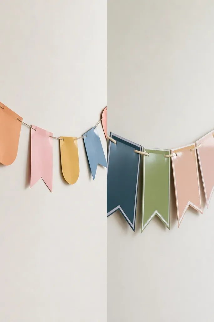 Two banners: left is cut construction paper letters glued directly on string; right is letters cut with stencils, layered on cardstock, then laminated for shine with even spacing and a tidy string loop.