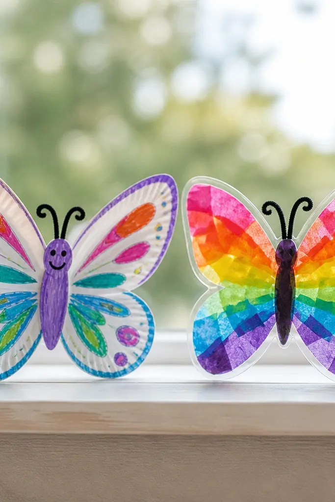 Left is a flat paper plate butterfly with marker details; right is a butterfly-shaped suncatcher with tissue paper wings in translucent rainbow colors and a clear plastic backing.