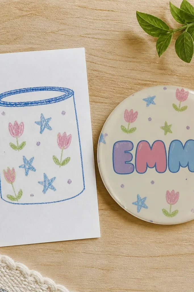 Two items: left shows a crayon-doodle mug design on paper; right shows a finished round coaster with a child’s name in bubble letters, a repeating pattern background, and a clear protective top layer.