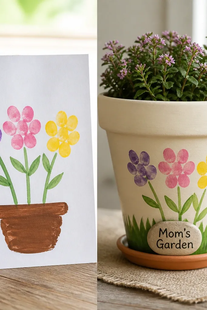 Left shows a thumbprint flower pot on white paper; right shows the same thumbprints on a painted terracotta-style pot with a green grass strip, plus a small “Mom’s Garden” label.