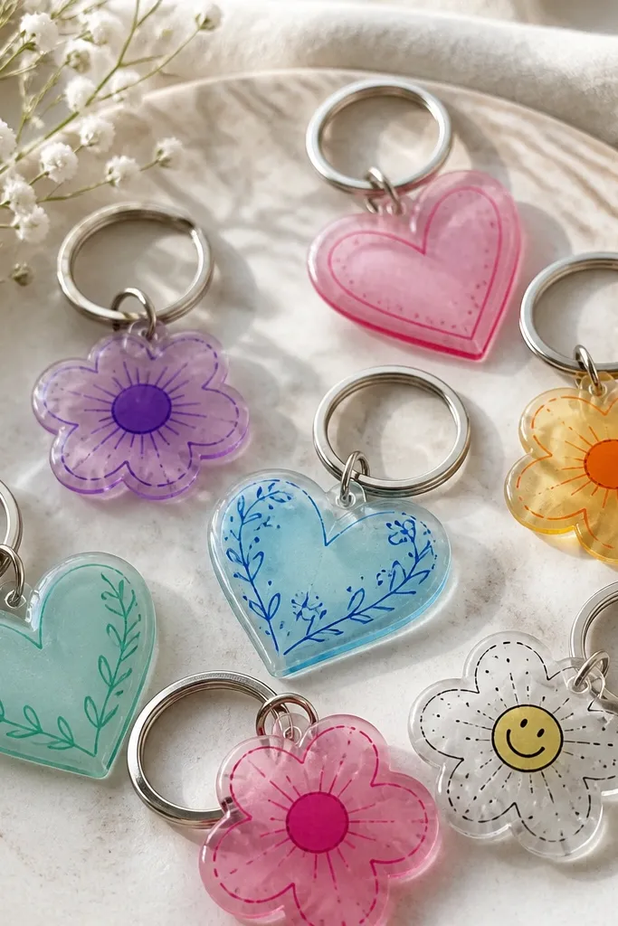 A set of small, glossy Shrinky-style plastic keychains shaped like hearts and flowers, with a handwritten message and a metal key ring.