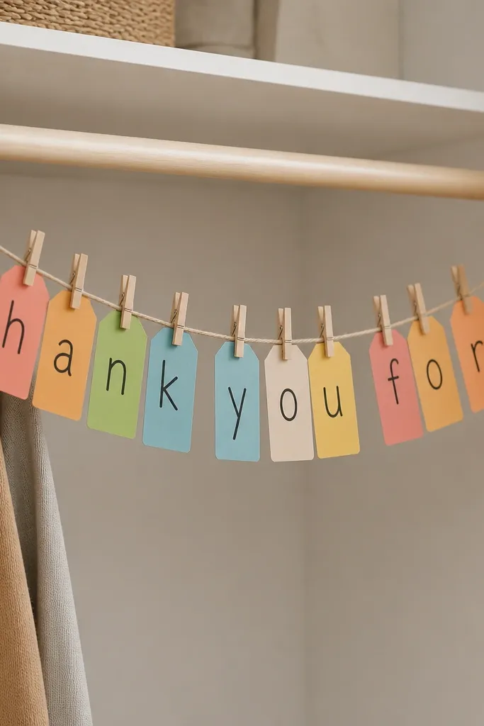 A banner made from clothespin-hung tag cards reading “Thank you for…” with colorful paper and twine, shown draped over a closet rod with clips.