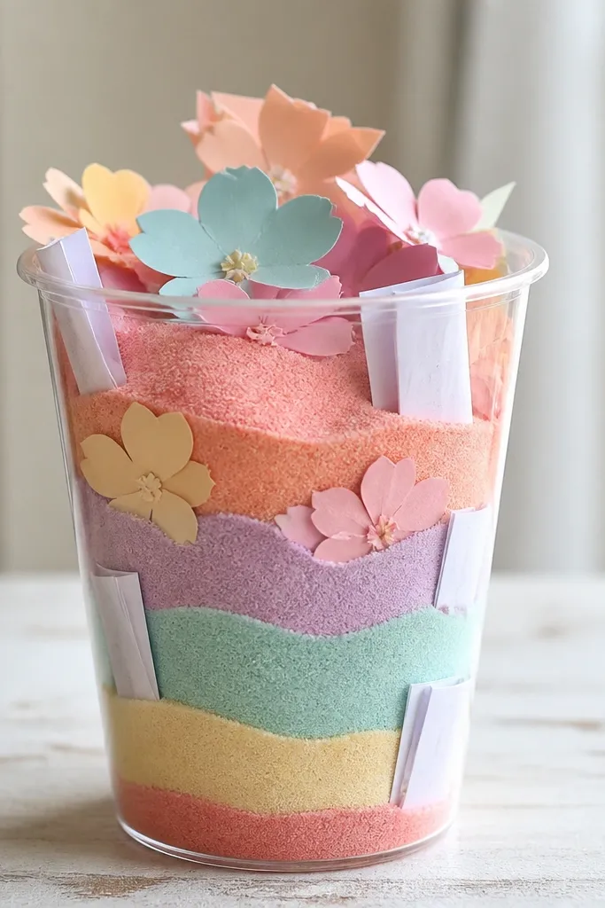 A clear plastic cup filled with layered colored sand and small paper flower cutouts, with handwritten slips tucked into the sides.