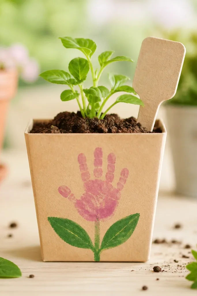 A kid’s handprint turned into a flower on the front of a small cardboard pot, with painted green leaves, plus a removable paper plant label.
