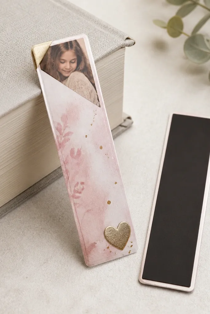 A laminated bookmark with a small photo corner and a heart decoration, plus a strong magnet strip on the back, shown next to a book.
