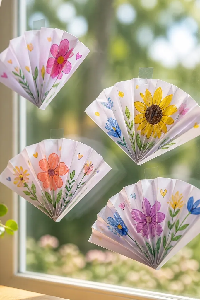 A set of folded paper fan cards taped lightly at the edge to a window, with bright “You’re awesome!” messages and hand-drawn flowers.