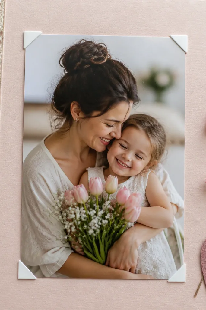 A scrapbook-style Mother’s Day card showing a printed photo mounted with four small corner adhesive squares; the photo edges look flat and smooth.