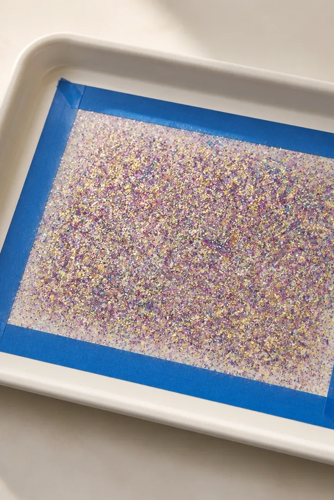 A craft tray lined with painter’s tape borders; glitter is sprinkled inside the taped area while the background remains clean.