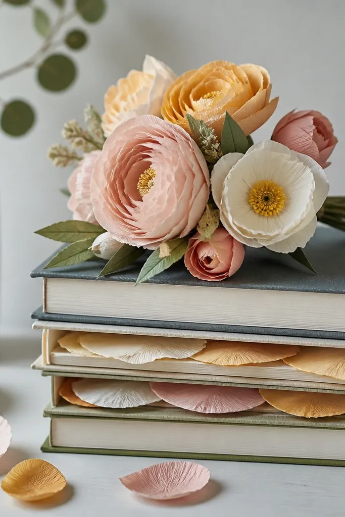 Paper flower petals flattened under a stack of books on a clean table, with a finished bouquet on top and a few petals drying underneath.