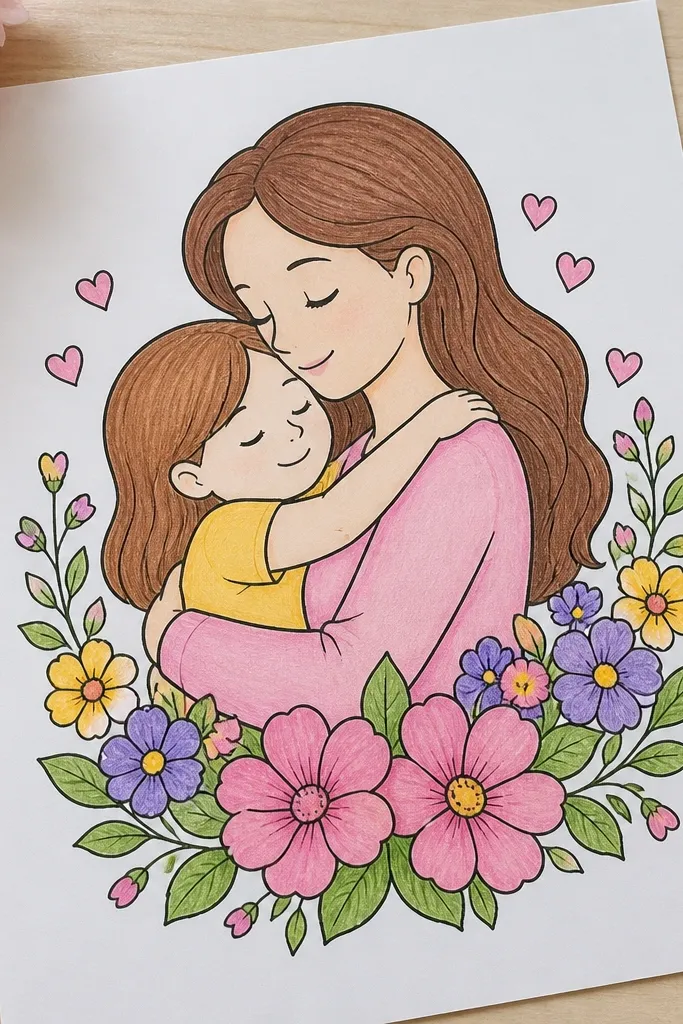 A Mother’s Day drawing with a crisp black outline already completed, followed by colored sections that look smooth and not smeared.