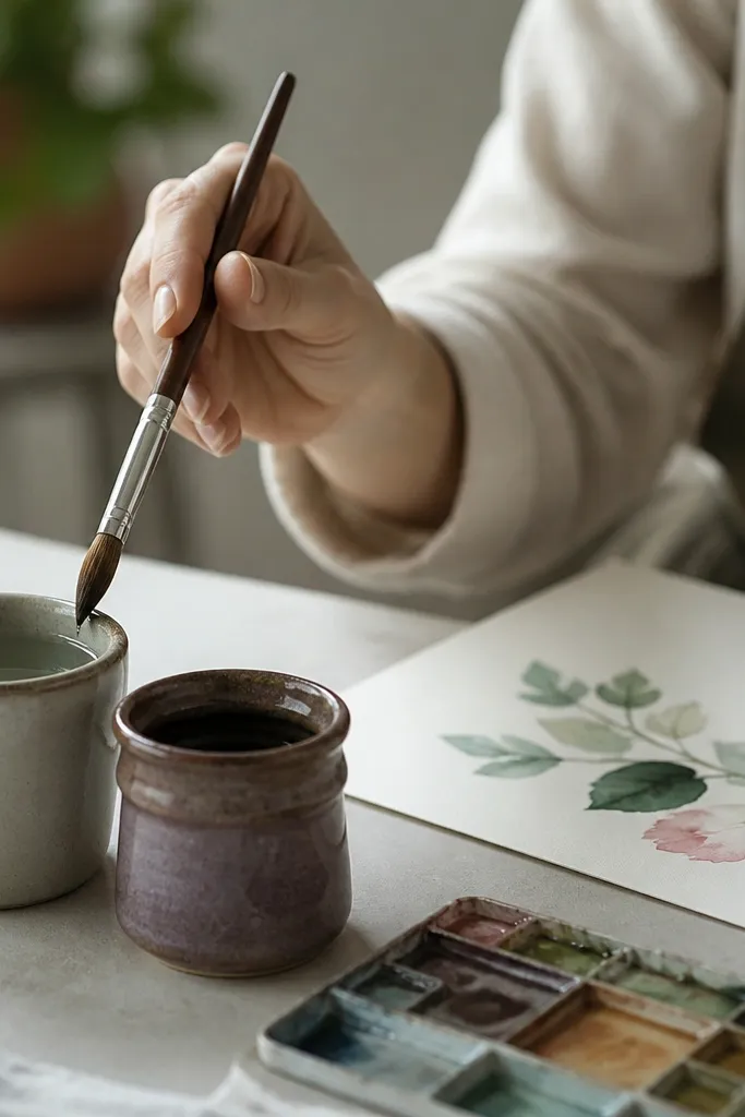 A small cup labeled with water and a separate cup for paint; a brush is tapped on the rim before touching paper.