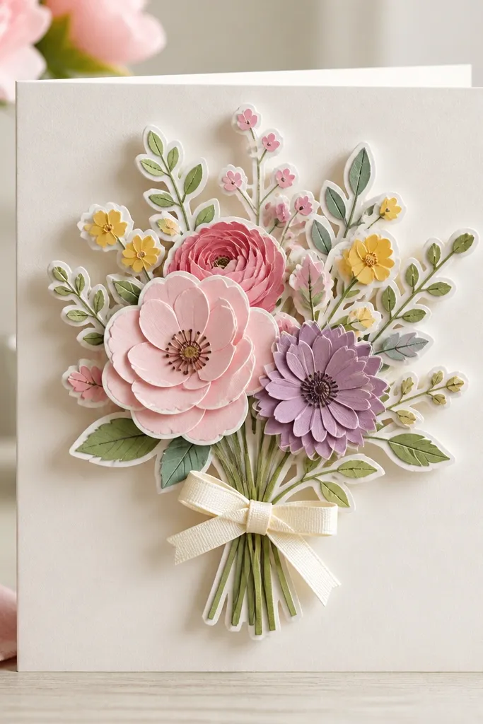 A Mother’s Day card featuring a layered sticker bouquet attached with small foam tape squares, creating a raised 3D look.