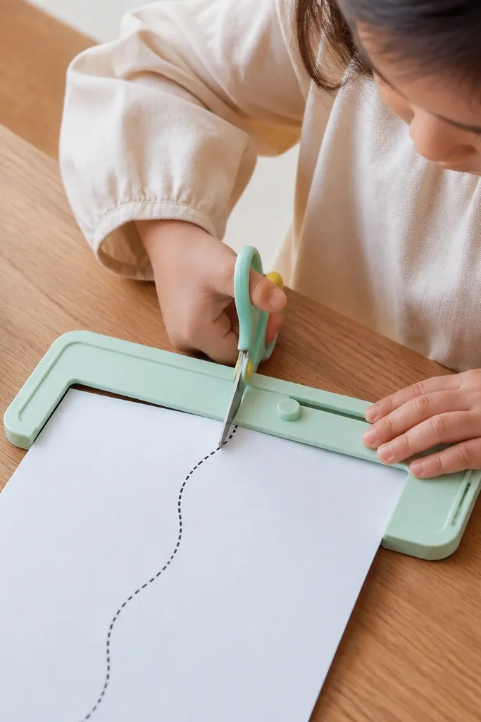 Kid scissors paired with a cutting guide template on a table; the paper is held by the template while the child cuts along the line.