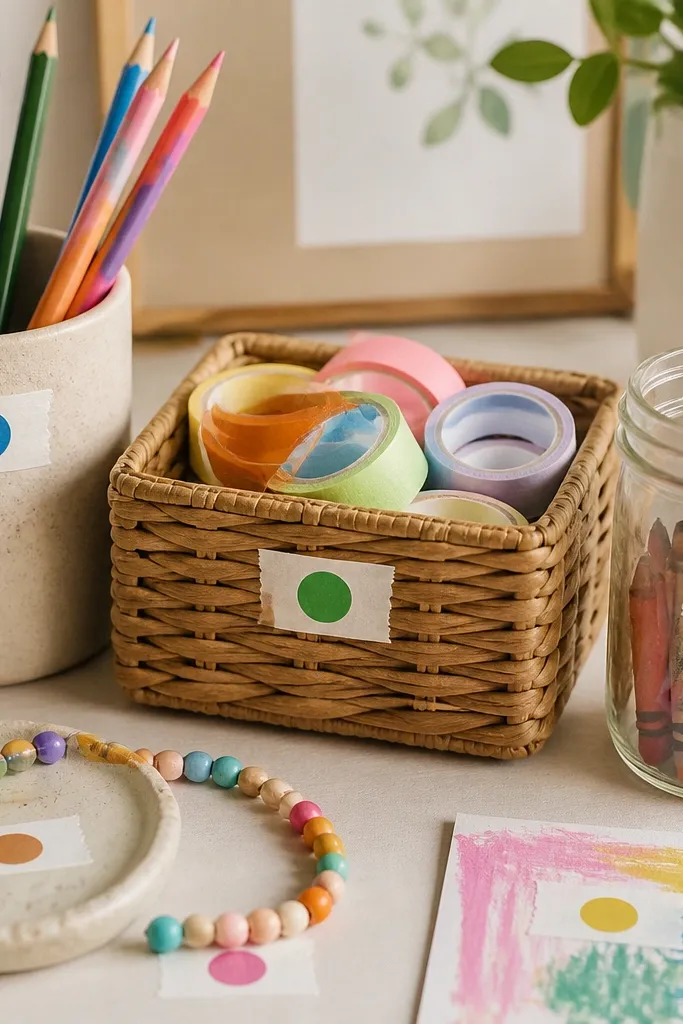 Mini labels taped to craft supplies and finished pieces; each label has a child’s name and a matching color dot.