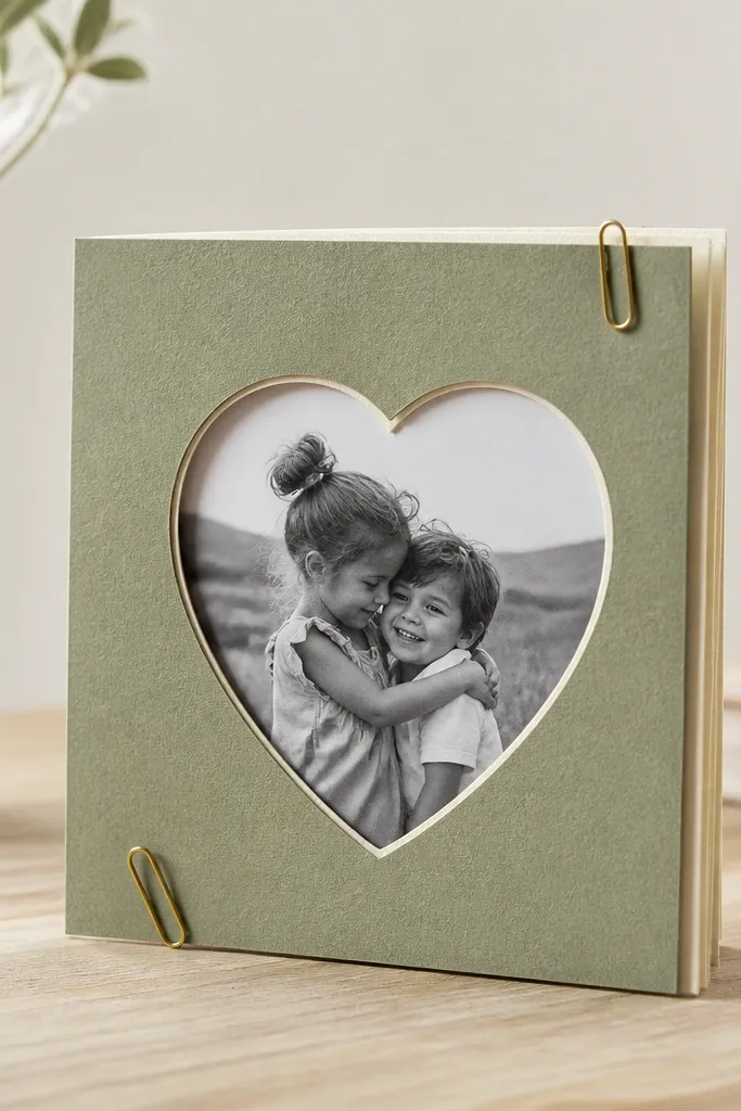 A small DIY picture frame made from layered cardstock with a heart cutout window, sitting on a flat table with a photo placeholder, and a couple of paper clips holding edges to keep them straight.