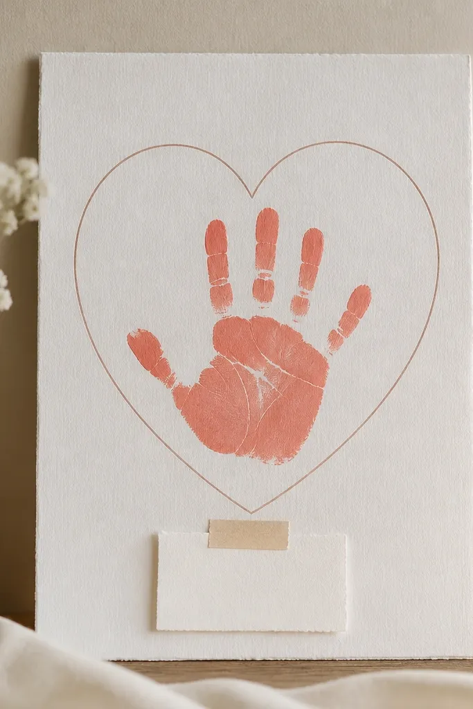 A handprint keepsake on thick paper with a heart outline, where the handprint is cleanly stamped in coral paint, and a small note card taped underneath with the date.