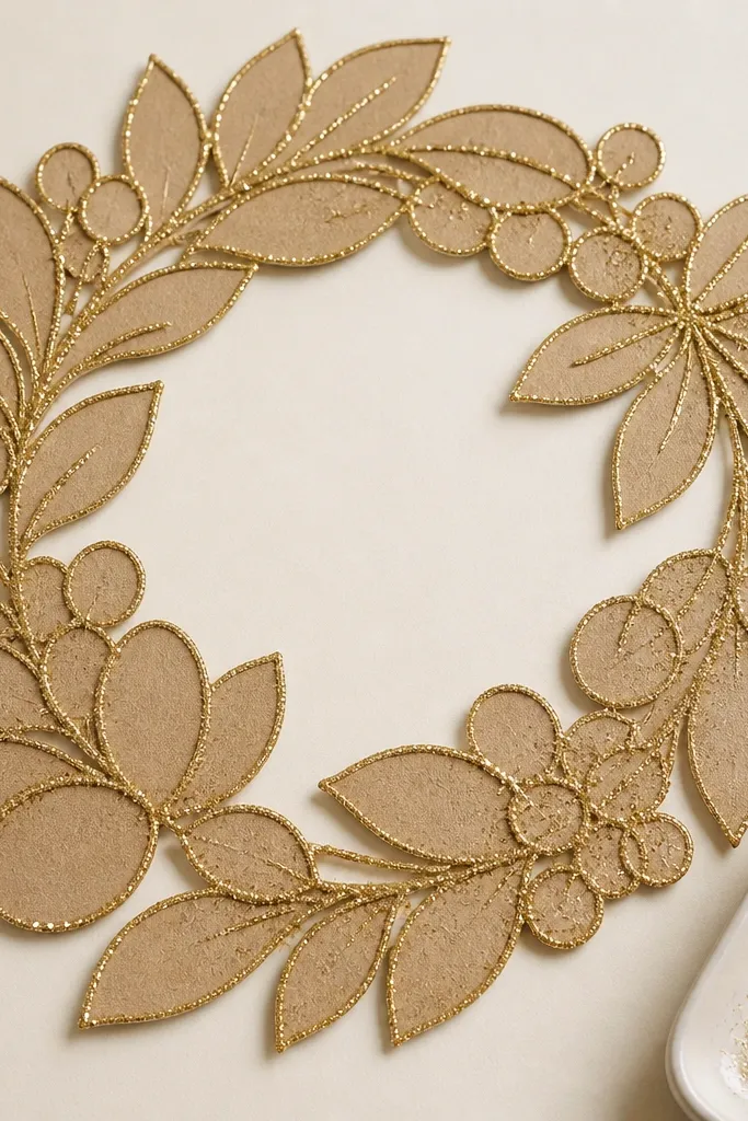A craft paper wreath shape covered with fine glitter only on outlined areas, with the rest of the background clean and matte, and a small tray catching extra glitter on the side.