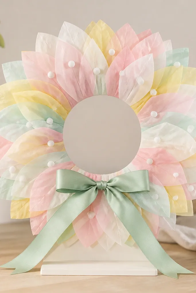 A paper plate wreath with layered tissue paper “petals,” tied with ribbon, and small foam dots to lift the petals, with the wreath held upright by a flat stand.