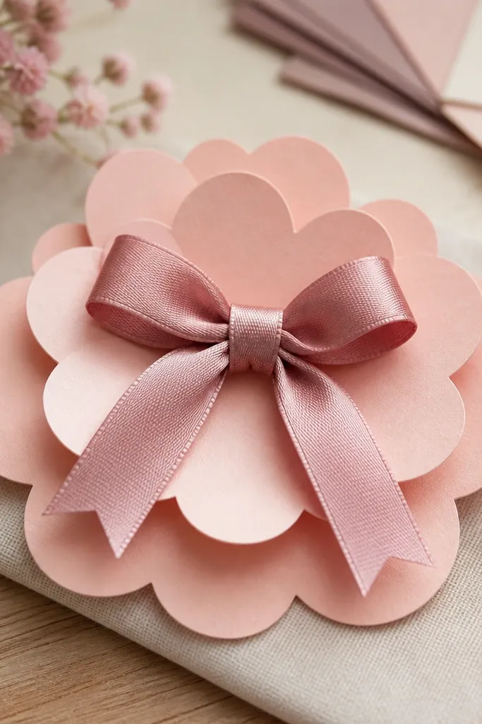 A cardstock flower with a ribbon bow layered on top, with clean ribbon edges and a neat center knot, photographed close-up on a craft table.