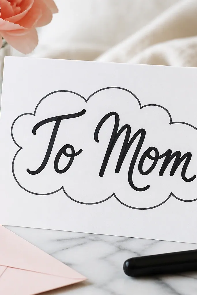A greeting card with a smooth “To Mom” script style message written in dark marker, with crisp bubble outlines and no smudging on the white cardstock.