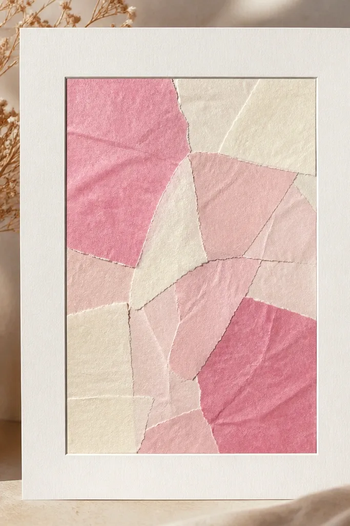A tissue paper collage on a thick card, with torn tissue pieces in shades of pastel pink and cream, and a clean border frame around the collage area.