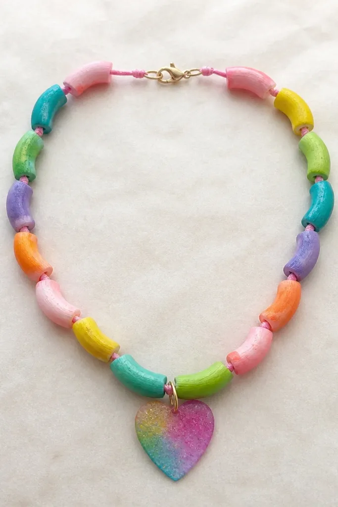 A kids craft necklace made from painted macaroni pieces on a string, with a small clasp and a heart charm made from shrink plastic or cardstock, laid flat on parchment.