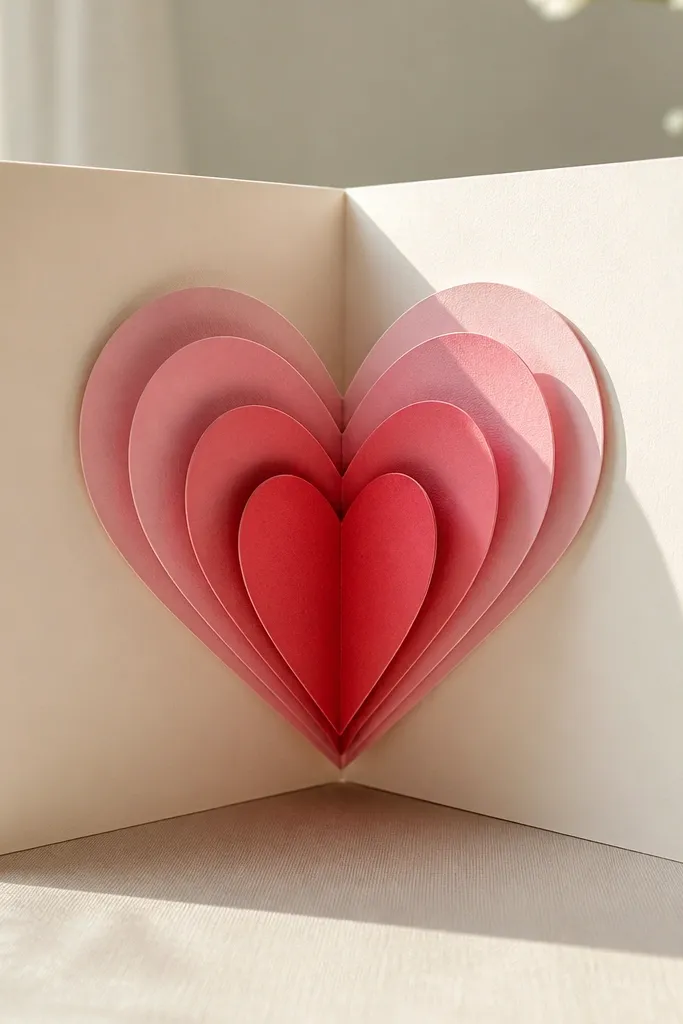 A folded card with a pop-up heart in the center, showing a clean hinge line and layered heart shapes that open smoothly.