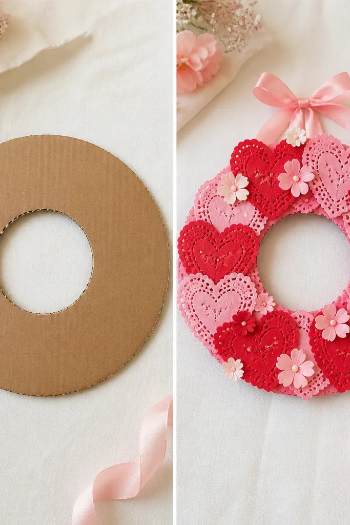 A cardboard circle with a hole in the center shown before, then after it’s covered with layered doily hearts in red and pink, with small hand-cut paper flowers and a ribbon bow at the top.