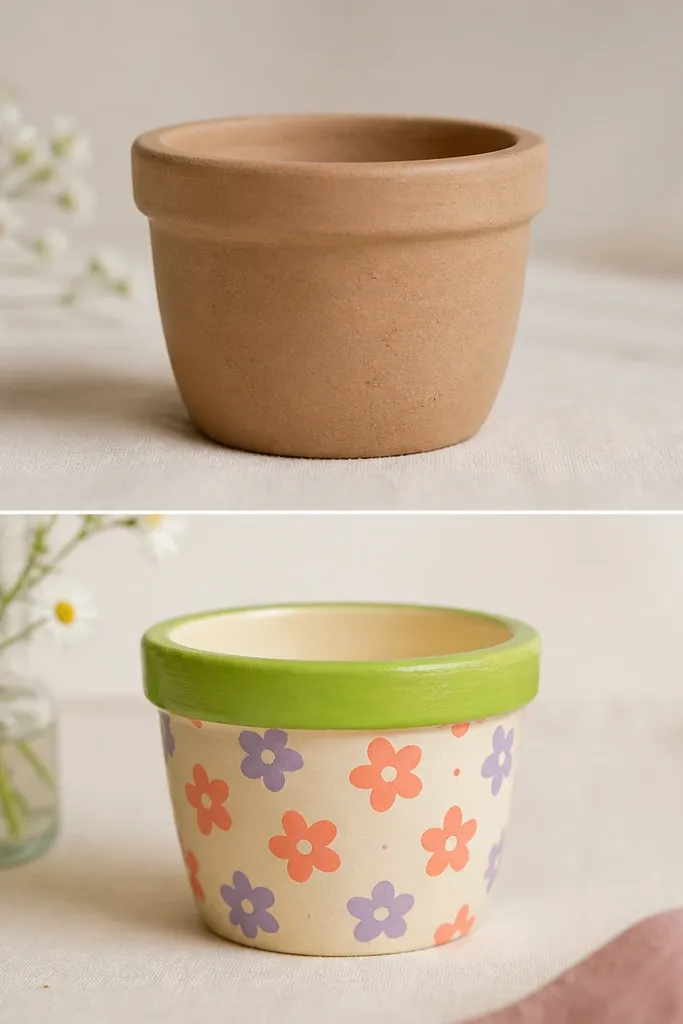 A small unpainted clay pot shown before, then after it’s painted light cream with a repeating sticker-stamp pattern of flowers in coral and lavender, and a bright green painted rim.