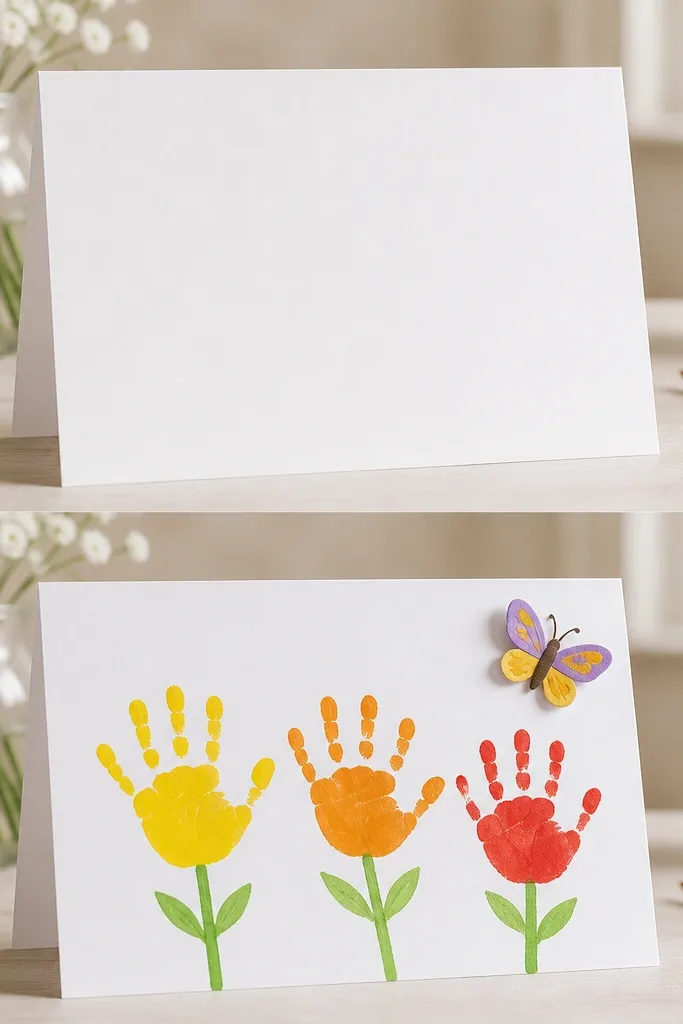 A plain white folded card with no writing shown before, then after it features three handprint flowers in yellow, orange, and red with green stems, plus a small “Happy Mother’s Day” message and a raised sticker butterfly.