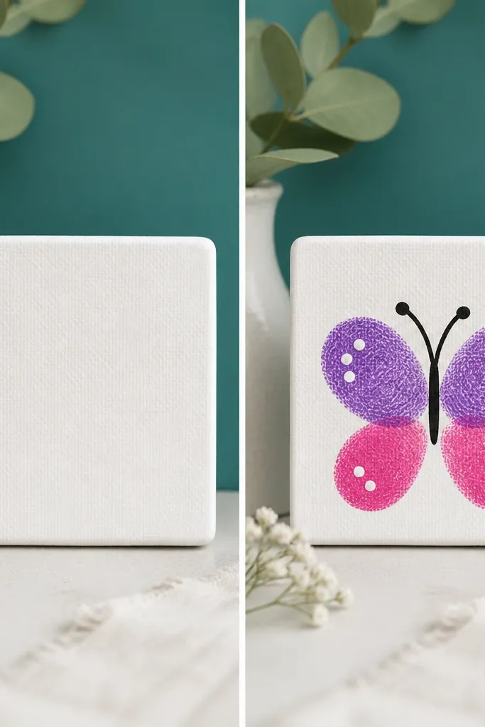 A small blank canvas tile shown before, then after it has a symmetrical butterfly made from two sets of thumbprints, with black marker antennae and tiny white dot details on a teal background.
