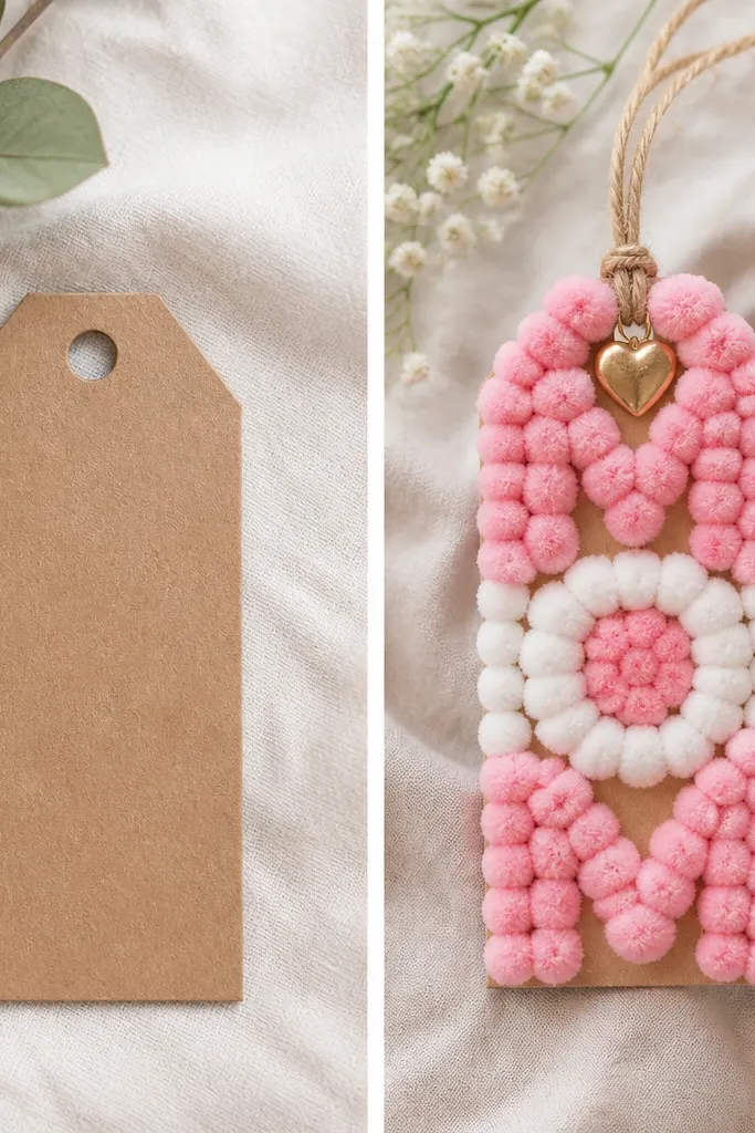 A plain flat cardboard tag with a hole at the top shown before, then after it’s covered with fluffy pom-poms spelling “MOM” in alternating pink and white, with a small heart charm hanging from twine.