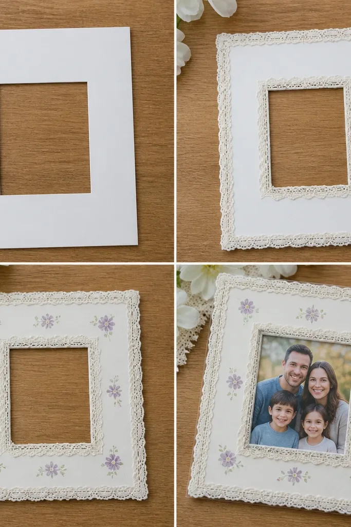 A plain white foam sheet with a rectangle cutout shown before, then after it’s bordered with lace trim, stamped with a small floral pattern, and topped with a printed family photo held by a clear laminate pocket.