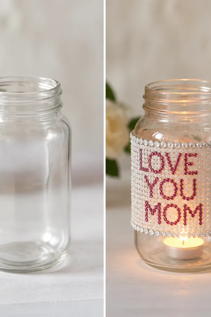 A plain empty mason jar shown before, then after it’s wrapped with a strip of dotted rhinestones forming the words “LOVE YOU MOM,” with a small painted flower and a tea light inside.