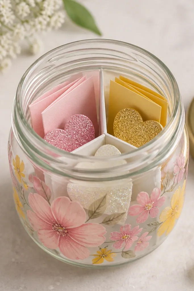 A small glass jar painted with soft pink and yellow flowers, with three mini compartments inside made from cardstock dividers; each compartment holds glitter paper hearts and a folded note.