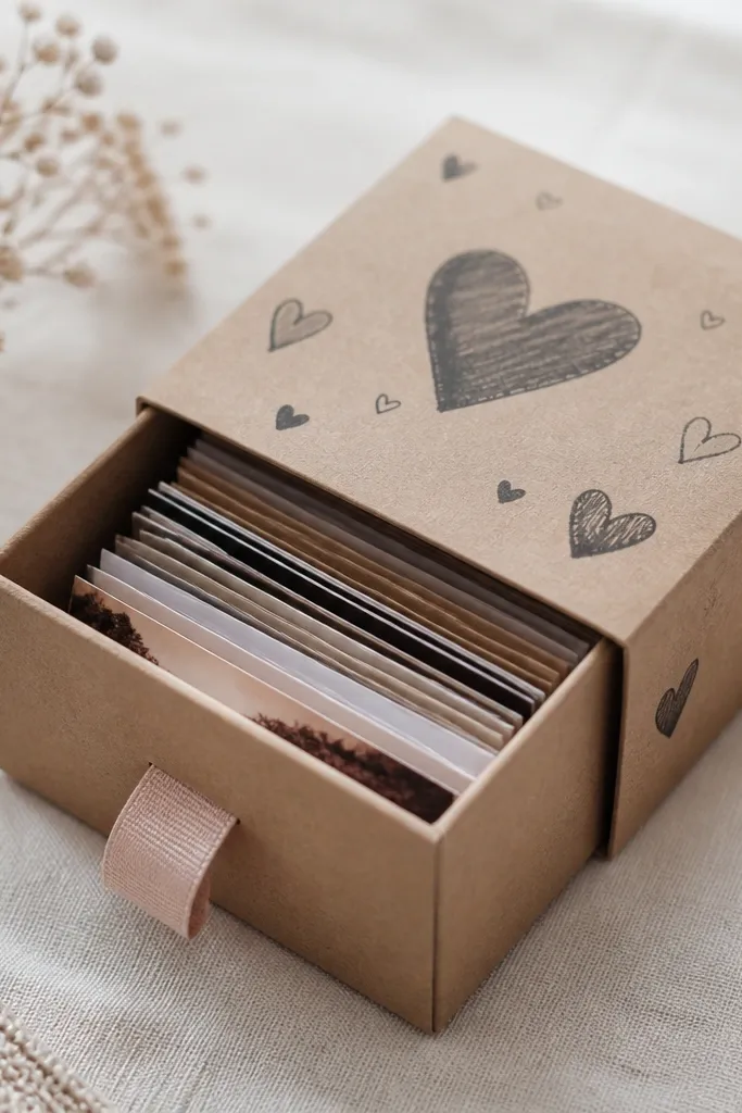 A small cardboard keepsake box with a drawer-style lid, decorated with hand-drawn hearts and a ribbon pull; inside are stacked paper slots for photos and letters.