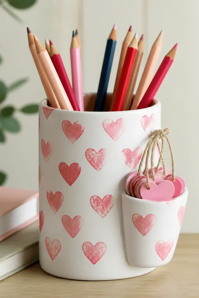 A pencil cup covered in stamped hearts in pink and red, with small heart-shaped tags attached by string; the tags are stored in a pocket on the side.