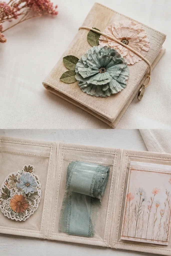 A fabric-like paper wallet folded into a small organizer, showing ruffled paper flowers on the front and clear pockets on the inside holding stickers, ribbon, and a note.