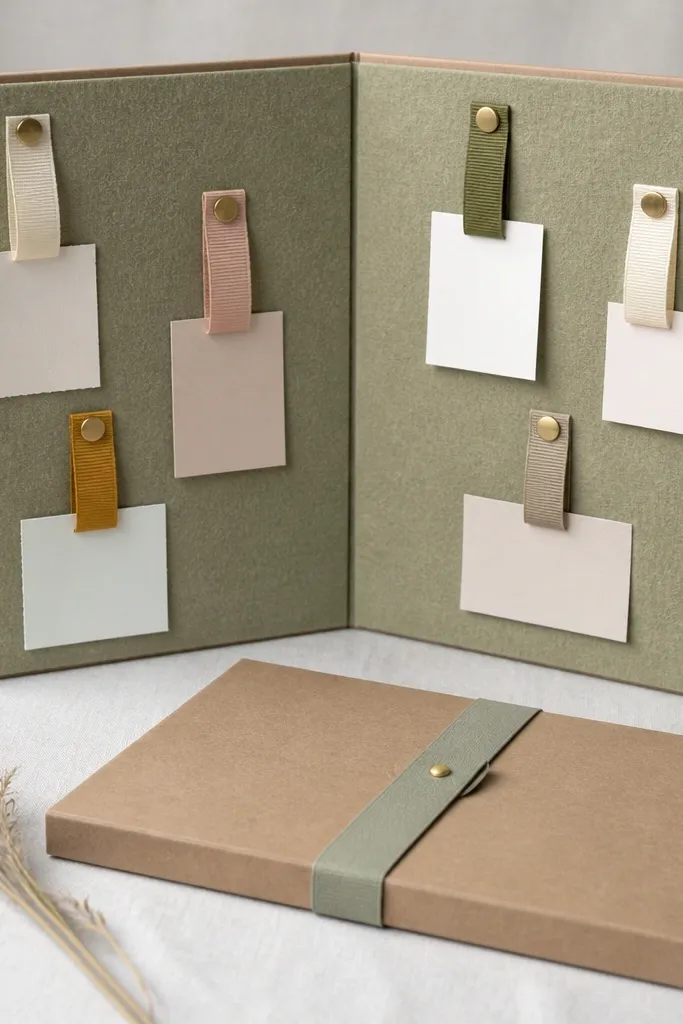 A fold-up cardboard board covered in felt, with small magnets holding ribbon loops and paper tags; it closes with a strap like a mini portfolio.
