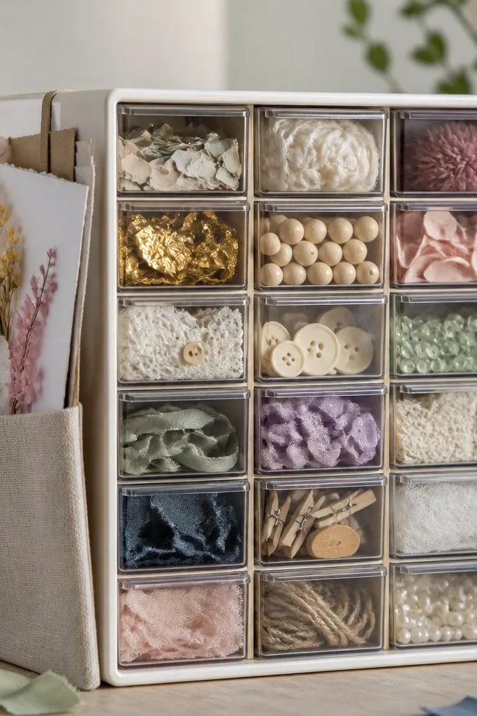 A small plastic drawer organizer tray turned into a collage, with each drawer holding a different material; a hanging pocket on the side holds a finished Mother’s Day note.