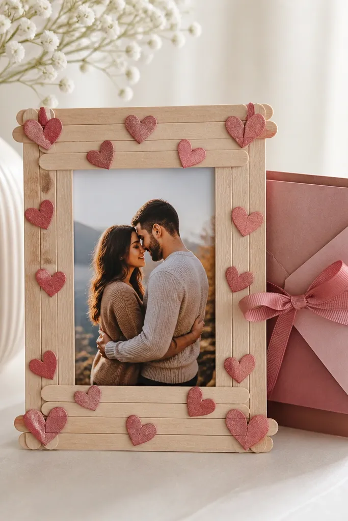 A popsicle stick picture frame with a heart pattern, paired with three stackable mini envelopes tied with ribbon; the envelopes are stored behind the frame.