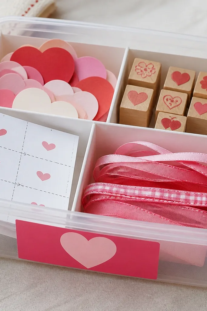 A clear plastic bin labeled with a bright sticker, containing pre-cut paper hearts, mini craft stamps, ribbon strips, and a folded coupon sheet; everything is separated by paper dividers.