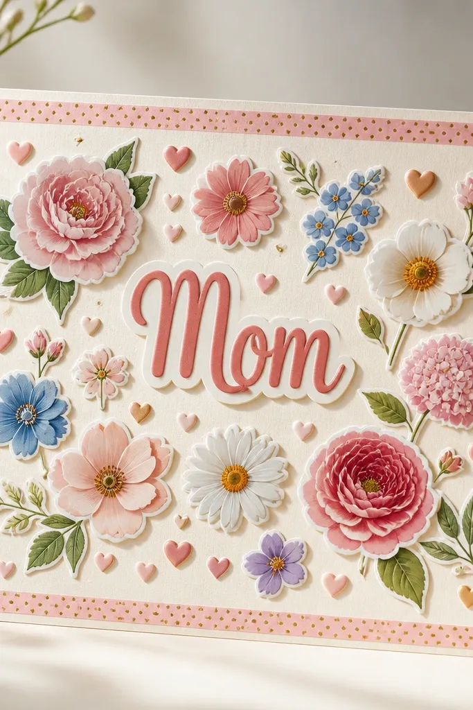 A thick cream cardstock sheet covered with layered flower stickers, tiny heart stickers, and a centered “Mom” word sticker, finished with a clean border made of washi tape.