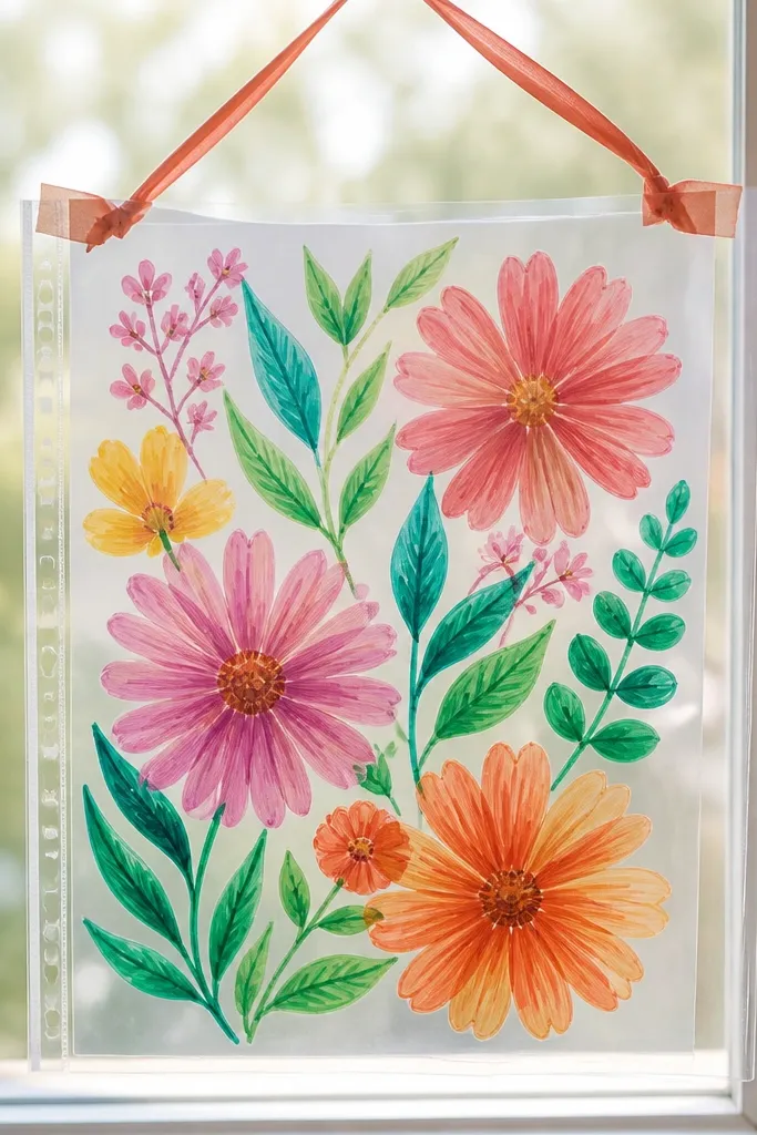 A clear sheet protector over cardstock with marker drawings of flowers and leaves, seen through the plastic like a colorful window, with a ribbon taped at the top edge.