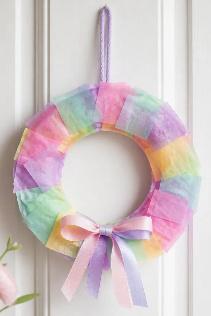 A small wreath made from a paper plate ring covered in layered tissue paper squares, with a yarn loop at the top, and a simple bow in pastel ribbon.