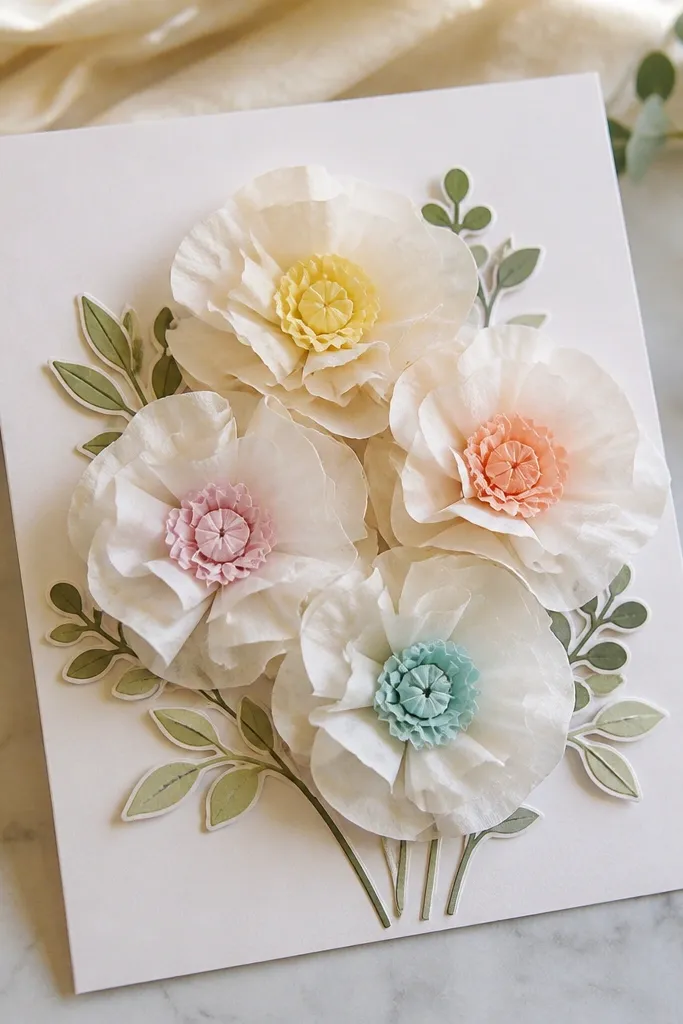 A collage where coffee filters are shaped into layered flowers on a card, with tissue paper centers and small leaf stickers, arranged neatly in a bouquet.